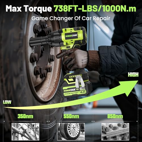 Robustrue 1000N.m(740ft-lbs) Cordless Impact Wrench, High Torque Brushless 1/2 Impact Gun, 21V 2 x4.0Ah Battery, Fast Charger, 4 Sockets, Pistola De Impacto for Home Car Tires Truck Mover Robustrue