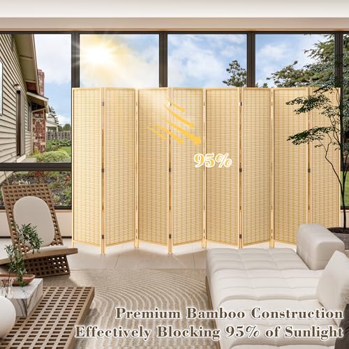 WelFurGeer 8 Panel Bamboo Room Divider, Folding Privacy Screen for Room Separation, Natural Wood Room Partitions and Dividers, Patio Privacy Panels, Decorative Wall Divider for Home, Office, Studio WelFurGeer