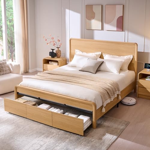 Aitjunz Modern King Size Bed Frame with 50" Tall Headboard, Wood King Size Platform Bed Frame w/3 Storage Drawers, Curved Profile Design, Wood & Steel Platform Bed, No Box Spring Needed, Natural Oak Aitjunz