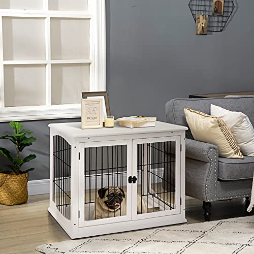 PawHut Dog Crate Furniture, Small Dog Cage End Table with Two Opening Sides, Lockable Door, Puppy Kennel Indoor, Cute and Decorative, Pure White PawHut