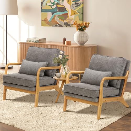 COLAMY Mid Century Modern Accent Chair Set of 2 with Lumbar Pillow, Relaxing Armchair with Solid Wood Frame & Soft Cushion, Reading Leisure Chair for Living Room,(Grey) COLAMY