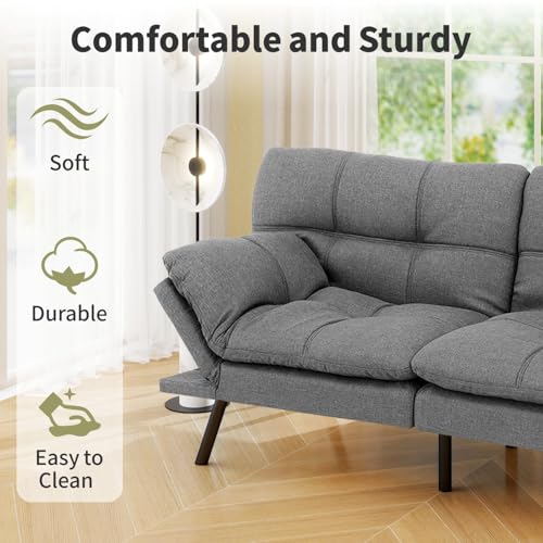 Vipbear 71" Futon Sofa Bed - Convertible Sofa Beds/Adjustable Backrest & Armrest, Comfy Loveseat Sleeper for Small Spaces, Apartments & Offices,Linen Fabric Medium Grey Futons Vipbear
