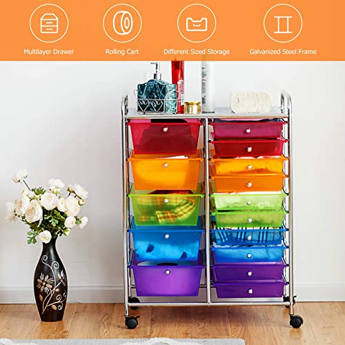 GOFLAME 15-Drawer Rolling Storage Cart, Multipurpose Movable Organizer Cart, Utility Cart for Home, Office, School, Rainbow GOFLAME