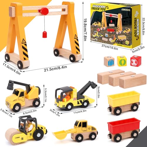 Atoylink 15PCS Kids Wooden Construction Toys with Magnetic Train Cars, Gantry Crane Bulldozer Roller Tow Truck Construction Site Vehicles Playset Gifts for 3 4 5 6 Year Old Toddlers Boys Atoylink