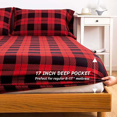 KACEMOO King Size Bed Sheets Set 4PC - Red Black Plaid Printed Sheet Soft Cooling 1800 Thread Count Brushed, 8-17'' Deep Pocket Kids Pattern Bed Sheet, Machine Washable Patterned Double Bedding Set KACEMOO
