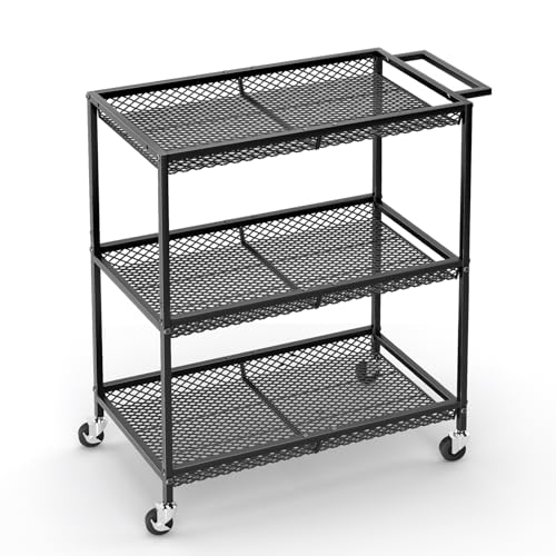 3 Tier Rolling Utility Kitchen Cart, Heavy Duty Wire Rolling Cart on Wheels, Commercial Metal Serving Carts with Handle, Kitchen Island Plant Shelf Food Storage Trolley for Laundry, Office, Garage