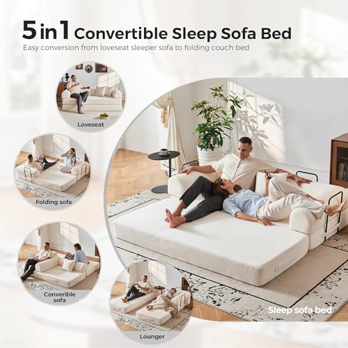 79" Convertible Sofa Bed No Assembly, 5-in-1 Sleeper with Fixed Frame & Corduroy Cloud Cushion, Foldable Futon Couch for Small Apartment, Guest Room, Office (Beige White) Bsxupke