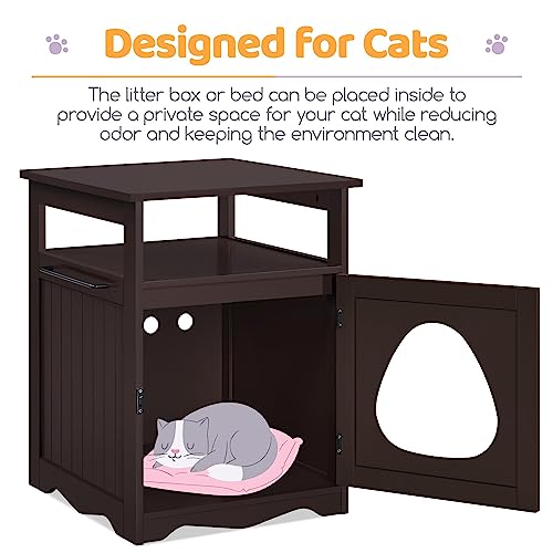 Yaheetech Cat Litter Box Enclosure, Hidden Litter Box Furniture with Open Shelf, Indoor Cat Washroom, Storage Cabinet Pet Crate, Side End Table, Wooden Pet House Espresso Yaheetech