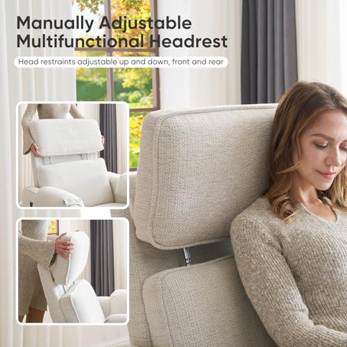 Rhevoy 24" Extra Wide Swivel Rocker Recliner Chair with Adjustable Headrest, Oversized Power Rocker Recliner with Overstuffed Armrest, Chenille Rocking Chair Nursery with USB Ports, White
