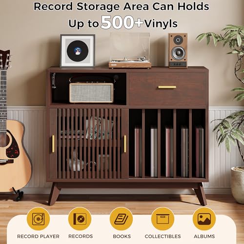IRONCK Large Record Player Stand, 500+ Vinyl Record Storage Cabinet with Drawer, Record Player Table with Sliding Door & Flip-Top, Mid-Century Modern Turntable Stand for Living Room, Red Walnut IRONCK