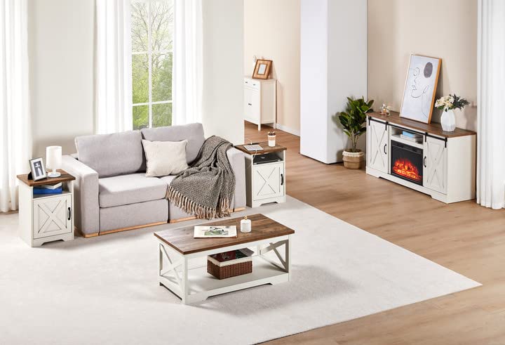AMERLIFE 5-Piece Farmhouse Table Set Includes Fireplace TV Stand, Coffee Table& Two End Tables with Charging Station and USB Ports, for Living Room, Distressed White, 59" AMERLIFE