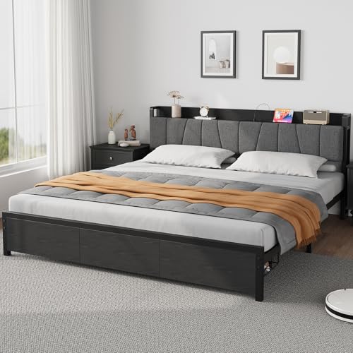 GarveeHome King Size Bed Frame with Storage Headboard, Black King Platform Bed with 2 Large Drawers and Charging Station, Industrial No Box Spring Needed Bedframe GarveeHome