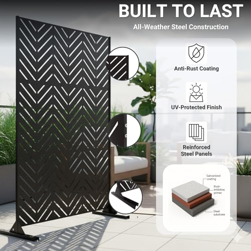 Metal Privacy Screen Outdoor โ 6FT Freestanding Decorative Steel Panel with Stand, Laser-Cut Chevron Pattern Modern Privacy Divider, Rustproof & Weather-Resistant Screen for Patio, Garden & Backyard TALLYVER