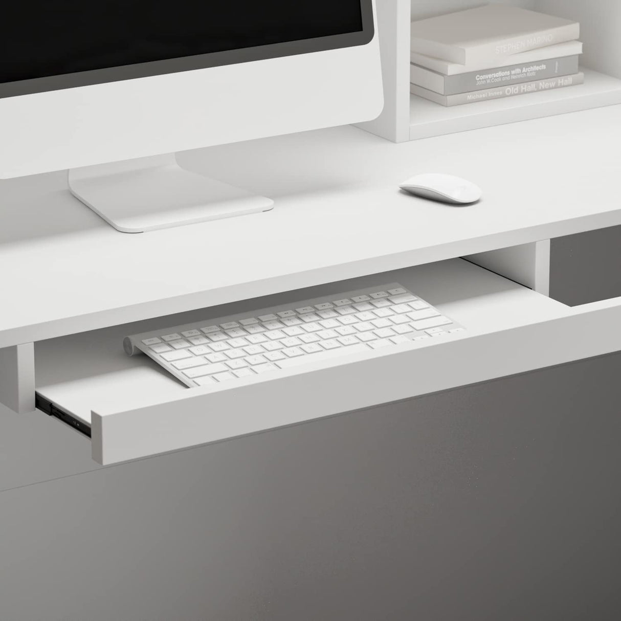 AIEGLE Reception Desk with Counter Drawers & Storage Shelves, L-Shaped Reception Counter Table for Salon Reception Room Checkout Office, White (55.9" L x 32.3" W x 48.4" H) AIEGLE