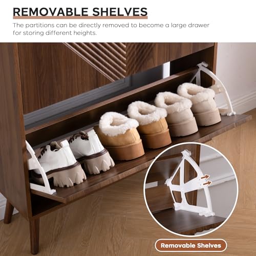 oakvivo Shoe Cabinet Storage, Farmhouse Freestanding Organizer with 2 Flip Drawers and 4 Wooden feet, Narrow Shoe Rack Cabinet for Entryway, Foyer, Hallway, Walnut oakvivo