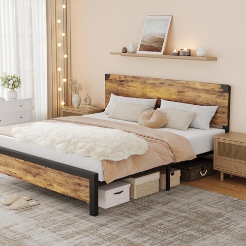 GAOMON King Bed Frame with Vintage Wood Headboard and Under-Bed Storage - Durable, Noise-Free Design GAOMON