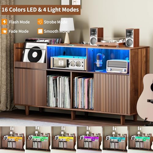 fineway Large Record Player Stand with Power Outlets & LED Lights, Record Player Table Cabinet with Vinyl Record Storage Holds up to 500 Albums, Turntable Stand for Living Room, Bedroom fineway
