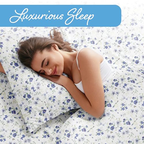 Linen Market 4 Piece Queen Sheet Set - Breathable, Double-Brushed Patterned Cooling Sheets – Oeko-TEX Certified Ultra Soft & Wrinkle-Free 16" Deep-Pocket Queen Sheets - Easy Care Blossoms Light Blue Linen Market