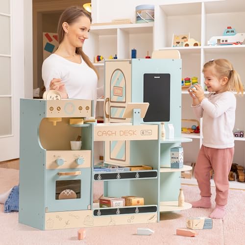 ROBUD Grocery Store Playset, Kids Play Store, Wooden Supermarket Playset with Cash Register, Chalkboard, Vending Machine, Coffee Machine, Oven, Play Food Accessories, Gift for Boys Girls 3+ ROBUD