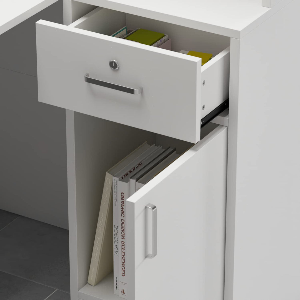 AIEGLE Reception Desk with Counter Drawers & Storage Shelves, L-Shaped Reception Counter Table for Salon Reception Room Checkout Office, White (55.9" L x 32.3" W x 48.4" H) AIEGLE