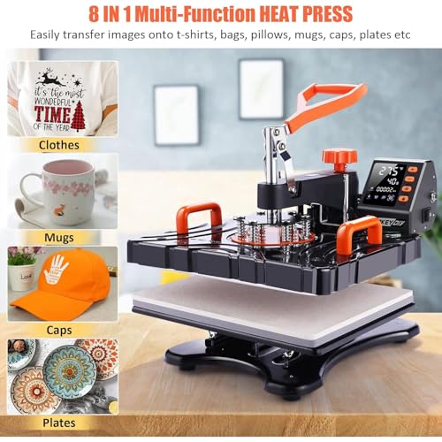AKEYDIY Upgraded 8 in 1 Heat Press Machine for Tshirts 12''X15'' 360° Swing Away Shirt Press Machine for Sublimation Multifunctional Heat Transfer Machine Combo for DIY T-Shirts Cap & Mugs AKEYDIY