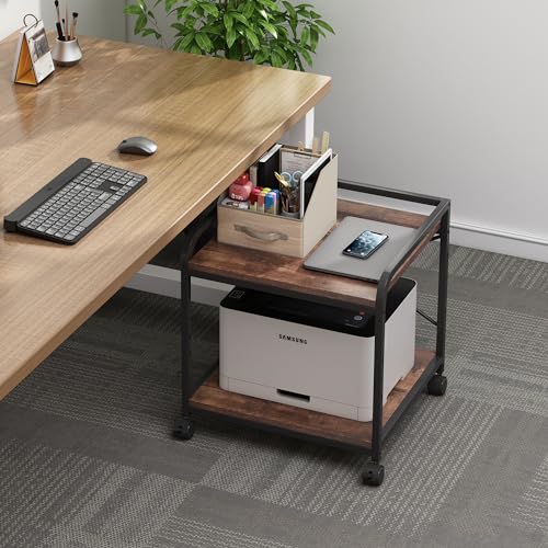 Fannova Under Desk Printer Stand, 20 Inches Deep Large Printer Table with Height Adjustable Storage Shelf, 2 Tier Rolling Printer Cart with Wheels for Home Office - Rustic Brown Fannova