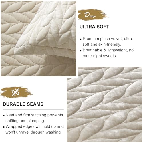 Ivellow Luxury Velvet Quilt Set King Size Bedding Sets Lightweight Ultra Soft Velvet Comforter Set Leaves Chevron Stitch Oversized Bedspread Coverlet 3 Pcs Full Bed Cover Sets for All Seasons Beige Ivellow