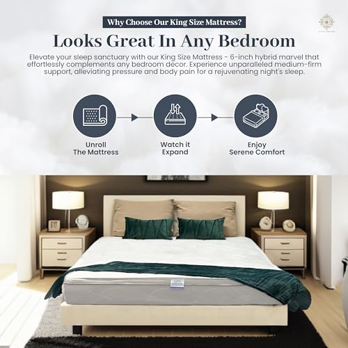 King Size Mattress - 6 Inch Cool Comfort Foam & Spring Hybrid Mattress with Breathable Organic Cotton Cover - Quilted Soft Tight Top - Rolled in a Box - Oliver & Smith OLIVER & SMITH SINCE 1921