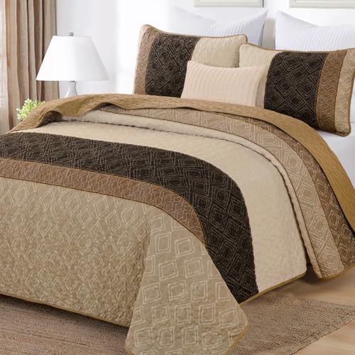 Boho Queen Quilt Set,Striped Plaid Bedspread Coverlet Set,Light Brown Bedding Set Soft Microfiber Bedding Set with 2 Pillow Shams 96"x90" Cottolester