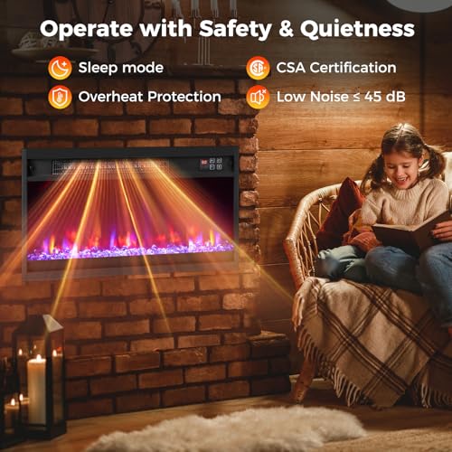 COSTWAY 23 Inch Recessed Fireplace Heater, Electric Fireplace Insert w/Multi-Color Flame & Crystal Ember Bed, Remote Control, 9H Timer, Built-in Thermostat & Overheat Protection, 1500W COSTWAY