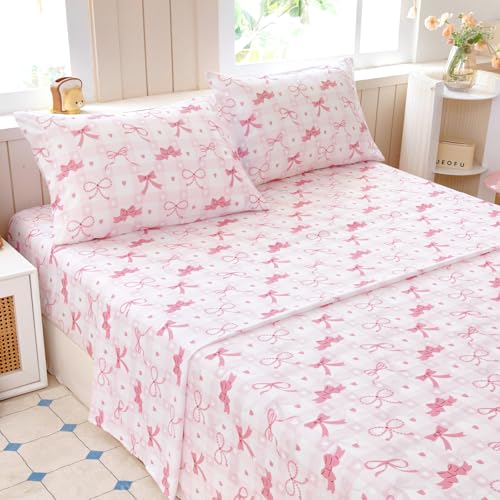 Homilay Queen Sheet Set Kids - Pink Bow 4 Pieces Soft Microfiber Cartoon Style Bedsheets for Boys Girls Teens, Oeko TEX, Breathable Deep Pocket Sheets(Pink Bow) Homilay