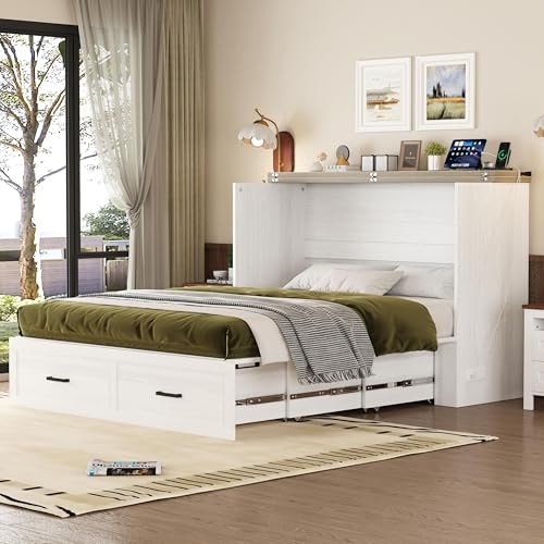 Harper & Bright Designs Queen Size Murphy Cabinet Bed with Charging Station & Storage Drawer, Farmhouse Style Wall Bed Folds into Cabinet, White