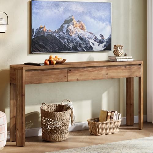 TRIBEWOOD Solid Wood Console Table with 3 Drawers, 63" Long Entryway Table with Rounded Corners, Narrow Sofa Table Behind Couch, Farmhouse Accent Table for Entrance, Hallway, Living Room, Rustic Brown TRIBEWOOD