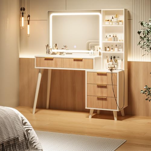 44" Vanity Desk with Mirror and Lights, Makeup Vanity Desk with Power Outlet, Makeup Desk with 5 Drawers&Storage Shelves, Vanity Table 3 Color Adjustable Brightness Dressing Table Set for Bedroom INNOD
