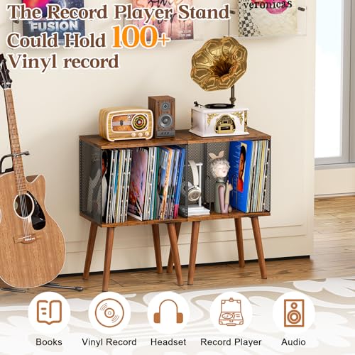 X-cosrack Record Player Stand with Storage up to 100 Albums, Vinyl Record Holder with Adjustable Divider, Retro Record Player Table Turntable Stand, Book/LP Vinyl Shelf End Table for Living Room X-cosrack
