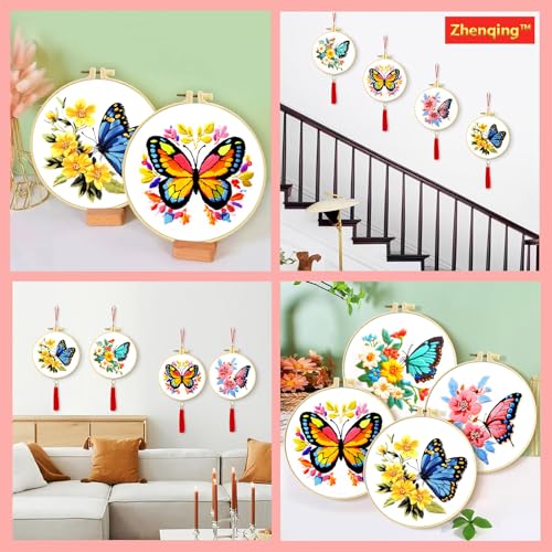 Zhenqing 4-Pack Butterfly Cross Stitch Kits – 11CT 24x24cm Aida Cloth with Blue, Pink & Floral Designs – Vibrant Home Wall Art Decor Set(68121)