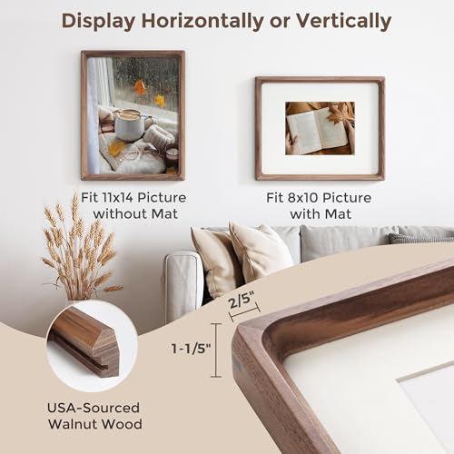 11x14 Picture Frame, USA-Sourced Natural Walnut Wood Photo Frame with Tempered Glass, Handcrafted Rounded Corner 11 x 14 Wooden Frame Matted to 8x10 Photos, Wall or Tabletop Display FLYJOE