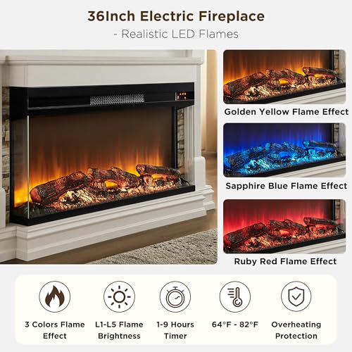 OKD 52 Inch Electric Fireplace with Mantel, Fireplace TV Stand with 36" 3-Sided Glass Electric Fireplace Heater for Living Room (Antique White) OKD