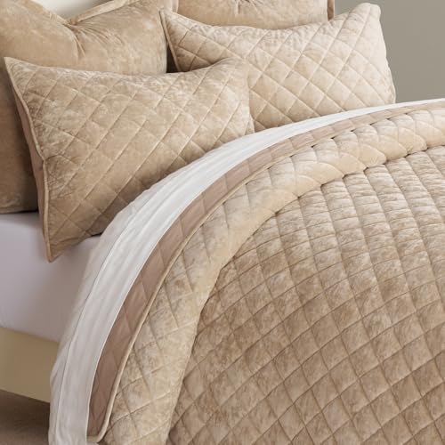 EVERGRACE Luxury Velvet Quilt Set Queen Size, Diamond Quilted Lightweight Velvet Comforter for All Season, Ultra Soft Oversized Bedspread Coverlet Bedding Set with 2 Pillow Shams, Beige Taupe EVERGRACE