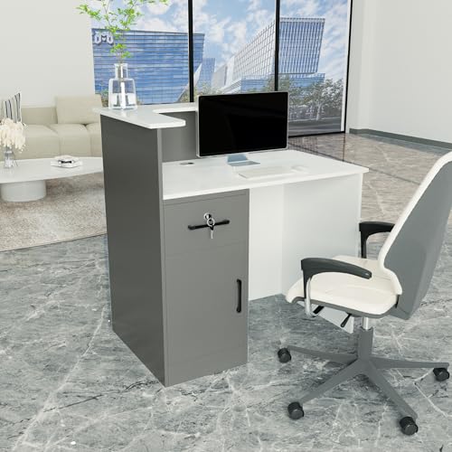 HPLWYM L Shaped Reception Desk with Lockable Drawer, Small Front Desk, Office Reception Room Table, Checkout Retail Counter for Office Lobby Cafe Salon (White+Grey, 39.4"(L) x23.6(W) x39.4(H)) HPLWYM