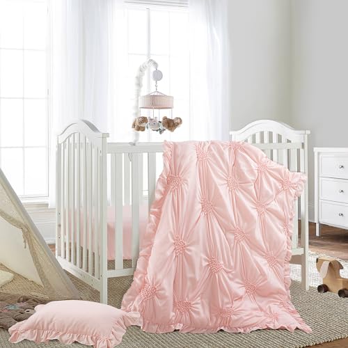 HOMBYS 3 Pieces Princess Pink CribBedding Set for Baby Girls, Ultra Soft Blush Pinch Pleat Comforter Set with Ruffles for All Season HOMBYS