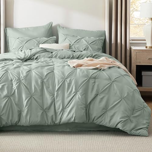 Bedsure Queen Comforter Set Sage Green - Bed in a Bag Queen Size Bedding 7 Pieces, GentleSoft™ Pintuck Bed Set Gift for Family, Pinch Pleat All Season Comforter with Sheets, Pillowcases & Shams Bedsure