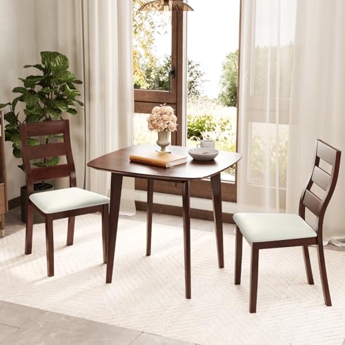 Tangkula Compact Dining Table Set for 2, Wooden Round Kitchen Table & 2 Chairs with Cushioned Seats, 3-Piece Dining Set for Small Spaces, Kitchen, Living Room Tangkula