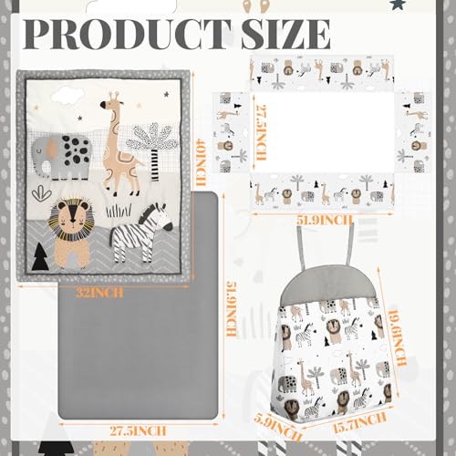 4 Piece Woodland Forest Animals Crib Bedding Set, Including Jungle Safari Crib Skirt, Blanket, Nursery Bed Sheet and Diaper Stacker, Soft Neutral Nursery Standard Size Baby Bedding for Baby Girls Boys Oudain