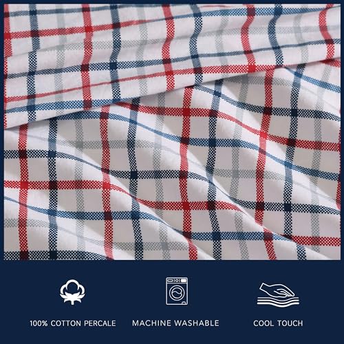 Nautica - Queen Sheet Set, Cotton Percale Bedding Set, Crisp & Cool, Lightweight & Breathable (Boating Tattersall Red, Queen) Nautica
