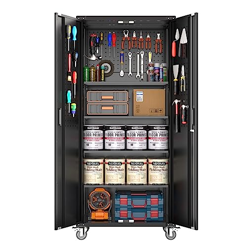 Garage Storage Cabinet 72 in Locking w/Wheels & Pegboard | Heavy-Duty Steel w/ 4 Adjustable Shelves | Workshop Home Office Organizer, Black GarveeHome