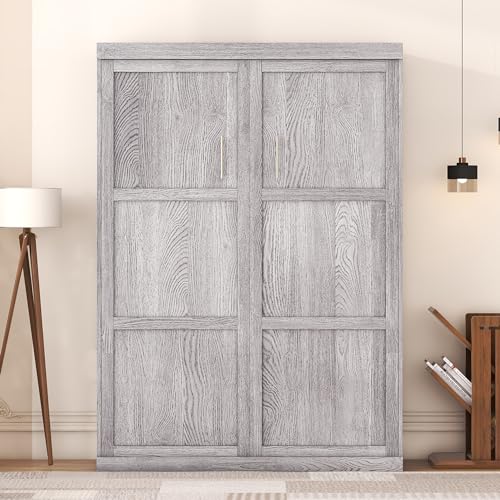 Ball & Cast Murphy Bed Full Size,Hideaway Beds Chest with Wardrobe,can be Folded,Wall Bedframe w/Wood Slat Support,No Box Spring Needed,for Bedroom Apartment,Grey Ball & Cast