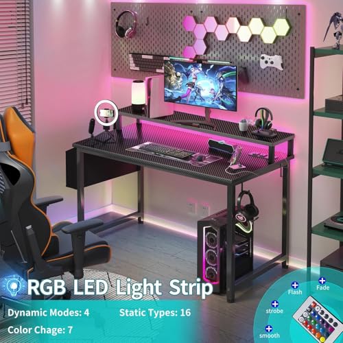 Lufeiya Gaming Desk with Power Outlets and LED Lights, 40 Inch Gamer Desk Table with Charging Station, Home Office Computer Desks with Monitor, Black Lufeiya