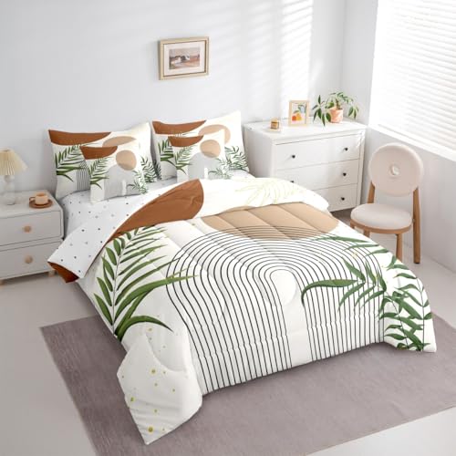 Erosebridal Boho Mid Century 7 Pcs Bedding Set Queen, Modern Bohemian Minimalist Comforter Set with Sheets, Abstract Geometric Bed in A Bag for Kids Adults, Retro Aesthetic Brown Circle Bed Sets Erosebridal