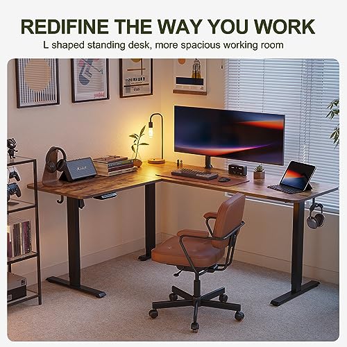 BANTI L-Shaped Standing Desk - 63 x 55 Inch Adjustable Corner Standing Desk with Charging Station - L Shape Sit Stand Table with Memory Controller, Splice Board for Home Office, Rustic Brown BANTI